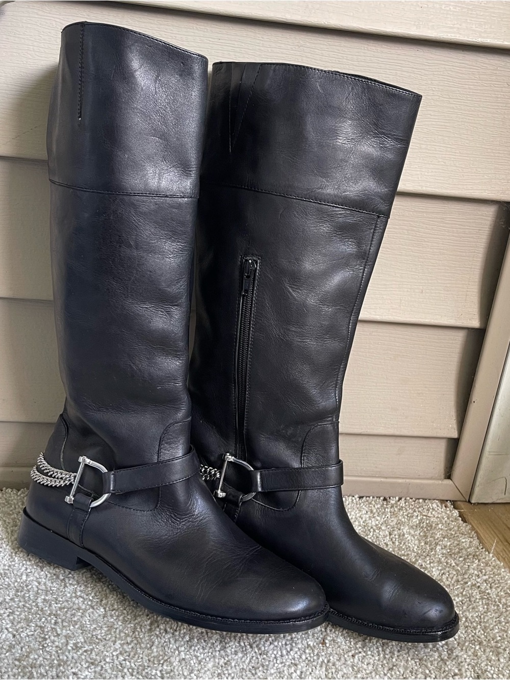 Lauren Ralph Lauren Black Leather Tall Riding Boots Silver Buckle Women's 9B